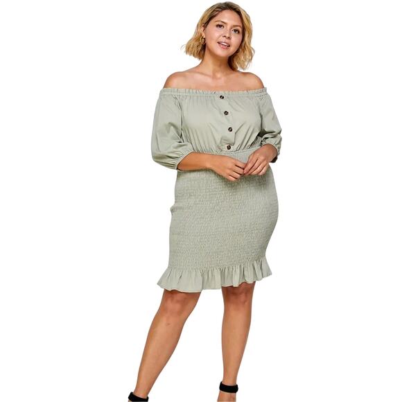 Haute Fox Sage Green Off Shoulder Smocked Dress With Ruffles, Plus Size 1X - Picture 1 of 5